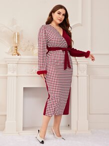 Modelyn Burgundy Red Plus Houndstooth Print Fuzzy Cuff Belted Dress - Burgundy - View 5