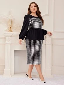 Mulvari Plus Houndstooth Peplum Top & Skirt - Black and White - View 5