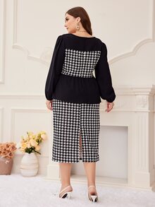 Mulvari Plus Houndstooth Peplum Top & Skirt - Black and White - View 2