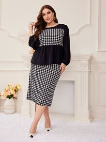 Mulvari Plus Houndstooth Peplum Top & Skirt - Black and White - View 3
