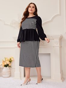 Mulvari Plus Houndstooth Peplum Top & Skirt - Black and White - View 4