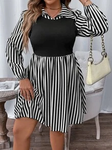 SHEIN LUNE 大碼條紋印花燈籠袖洋裝 - 黑與白 - 查看 5