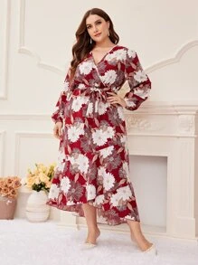 Modelyn Plus Floral Print Lantern Sleeve Ruffle Hem Belted Dress - Multicolor - View 1