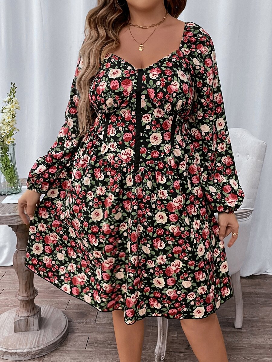 Calvaya Plus Floral Print Lantern Sleeve Dress - Multicolor - View 1