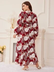 Modelyn Plus Floral Print Lantern Sleeve Ruffle Hem Belted Dress - Multicolor - View 2