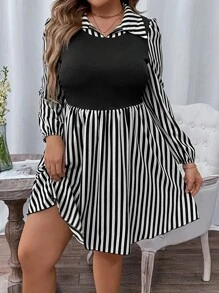 SHEIN LUNE 大碼條紋印花燈籠袖洋裝 - 黑與白 - 查看 7