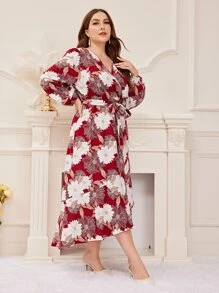 Modelyn Plus Floral Print Lantern Sleeve Ruffle Hem Belted Dress - Multicolor - View 3