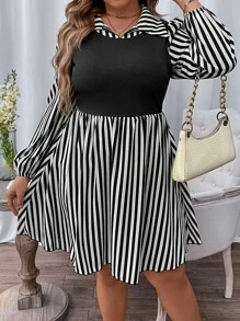 SHEIN LUNE 大碼條紋印花燈籠袖洋裝 - 黑與白 - 查看 1