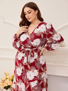 Modelyn Plus Floral Print Lantern Sleeve Ruffle Hem Belted Dress - Multicolor - View 5