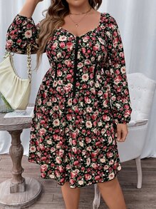 Calvaya Plus Floral Print Lantern Sleeve Dress - Multicolor - View 4