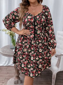Calvaya Plus Floral Print Lantern Sleeve Dress - Multicolor - View 7