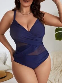 SHEIN Swim Curve Bañador una pieza con tira cruzada fruncido - Azul Marino - Ver 4