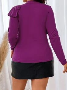 SHEIN Clasi تي شيرت مقلم بكشكش وقوف الياقة مقاس كبير - الأرجواني - مشاهدة 5