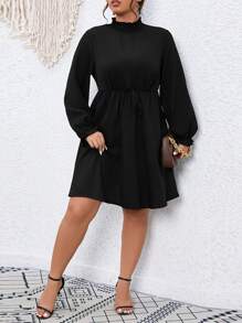 SHEIN Clasi Plus Frill Neck Lantern Sleeve Belted Dress - Black - View 1