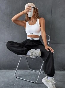 SHEIN EZwear Bộ đồ hai mảnh nữ Đắp vá Túi Gân đan Lá thư Giải trí - Đen và trắng - Xem 1