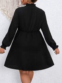 SHEIN Clasi Plus Frill Neck Lantern Sleeve Belted Dress - Black - View 2