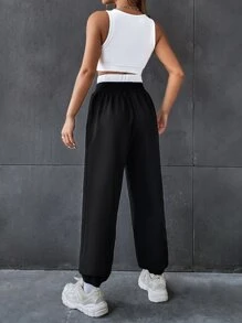 SHEIN EZwear Bộ đồ hai mảnh nữ Đắp vá Túi Gân đan Lá thư Giải trí - Đen và trắng - Xem 2