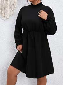 SHEIN Clasi Plus Frill Neck Lantern Sleeve Belted Dress - Black - View 4