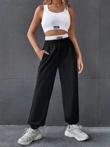SHEIN EZwear Bộ đồ hai mảnh nữ Đắp vá Túi Gân đan Lá thư Giải trí - Đen và trắng - Xem 4