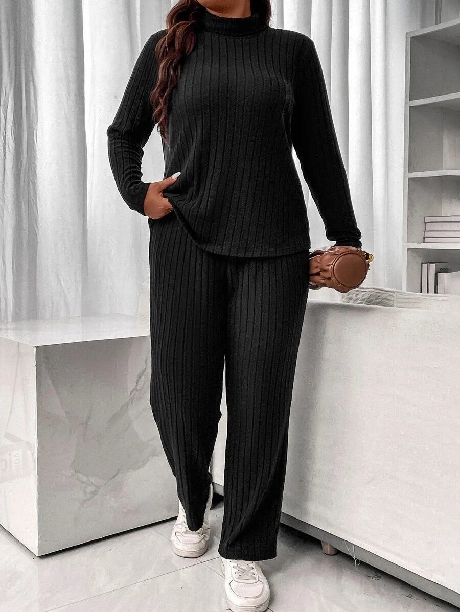 Calvaya Pantalones con camiseta cuello alto tejido de canalé - Negro - Ver 1