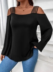 EMERY ROSE Plus Size Soft Knit Square Neck Loose Batwing Long Sleeve Tie Front Casual Tunic T-Shirt