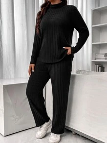 Calvaya Pantalones con camiseta cuello alto tejido de canalé - Negro - Ver 4