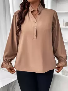 SHEIN Clasi 大碼荷葉袖半排扣襯衫 - 杏色 - 查看 3