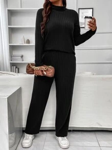 Calvaya Pantalones con camiseta cuello alto tejido de canalé - Negro - Ver 5