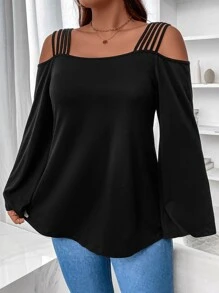 EMERY ROSE Plus Size Soft Knit Square Neck Loose Batwing Long Sleeve Tie Front Casual Tunic T-Shirt