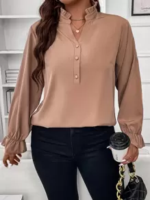 SHEIN Clasi 大碼荷葉袖半排扣襯衫 - 杏色 - 查看 5