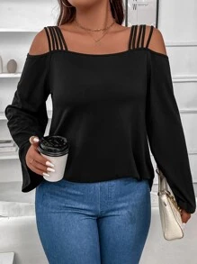 EMERY ROSE Plus Size Soft Knit Square Neck Loose Batwing Long Sleeve Tie Front Casual Tunic T-Shirt