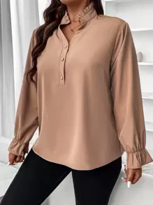 SHEIN Clasi 大碼荷葉袖半排扣襯衫 - 杏色 - 查看 6