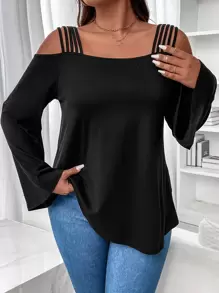 EMERY ROSE Plus Size Soft Knit Square Neck Loose Batwing Long Sleeve Tie Front Casual Tunic T-Shirt