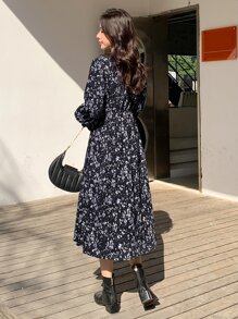 DAZY Ditsy Floral Print Lantern Sleeve Ruffle Hem Dress,Fall Clothes,Back To School Clothes Long Sleeve Dress