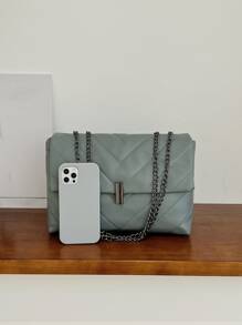 鋸齒紋鏈條翻蓋方包,日常通勤,旅行,度假,街購物,素色扭鎖金屬鏈,衍縫PU皮革材料金屬鏈,衍縫 - 霧霾藍 - 查看 3