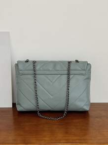 鋸齒紋鏈條翻蓋方包,日常通勤,旅行,度假,街購物,素色扭鎖金屬鏈,衍縫PU皮革材料金屬鏈,衍縫 - 霧霾藍 - 查看 4