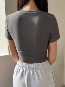 DAZY Cat & Letter Graphic Crop Tee - Grey - View 2