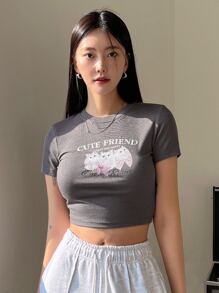 DAZY Cat & Letter Graphic Crop Tee - Grey - View 4