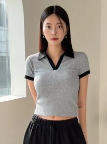 DAZY חולצת טי סריג עם גימור ניגודי, חולצות קצרות לנשים - אפור בהיר - ראה 4