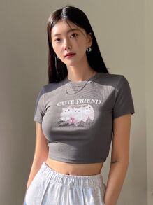 DAZY Cat & Letter Graphic Crop Tee - Grey - View 5