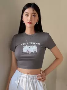 DAZY Cat & Letter Graphic Crop Tee - Grey - View 7