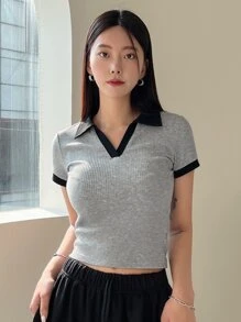 DAZY חולצת טי סריג עם גימור ניגודי, חולצות קצרות לנשים - אפור בהיר - ראה 8