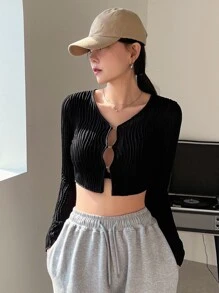 DAZY Top corto con botones de punto acanalado, ropa de otoño para mujer con manga larga - Negro - Ver 7