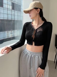 DAZY Top corto con botones de punto acanalado, ropa de otoño para mujer con manga larga - Negro - Ver 8