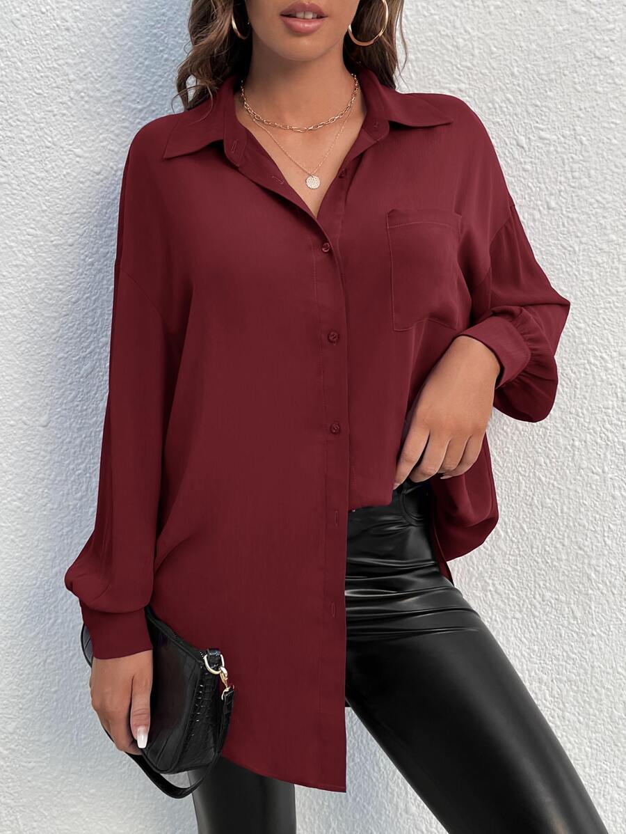SHEIN Tall 口袋貼布落肩袖襯衫 - 酒紅色 - 查看 1
