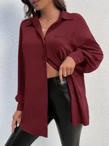 SHEIN Tall 口袋貼布落肩袖襯衫 - 酒紅色 - 查看 5