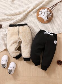 Baby 1pc Letter Patched Detail Knot Front Thermal Joggers - Black - View 3