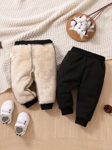 Baby 1pc Letter Patched Detail Knot Front Thermal Joggers - Black - View 2