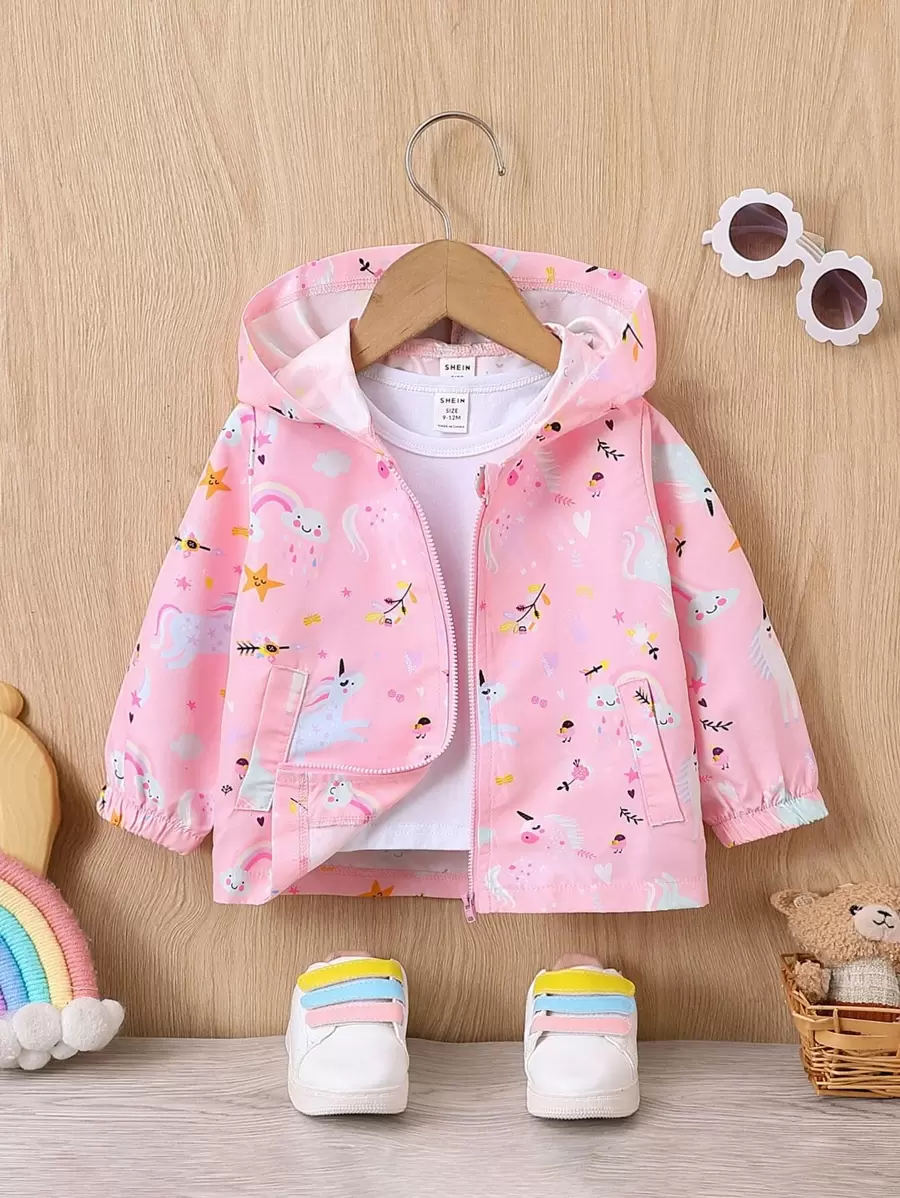 Płaszcz z kapturem i grafiką dla dziewczynki, bez koszulki