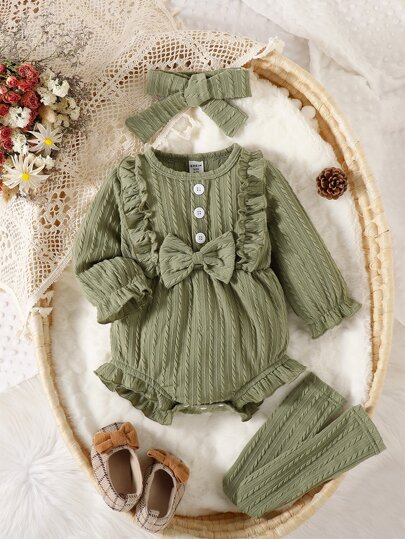 嬰兒荷葉邊前蝴蝶結連體衣和頭巾